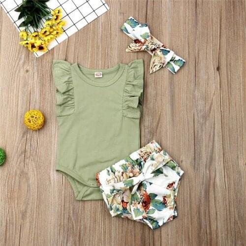 Toddler Kid Baby Girls Clothes New 2020 Summer Clothes Solid Ruffle Sleeveless Romper Tops Shorts Pants Headband Outfit Set