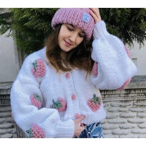 2021 Autumn Holiday Floral Sweater Hollow Out Long Sleeve Coarse Yarn Cardigan Strawberry