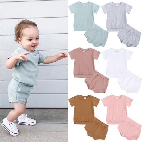 Boys Kids Casual 2 pieces Clothes Sets Girls Cotton Summer Short Tracksuits Tops Infant Solid color Shirts Set Outfits