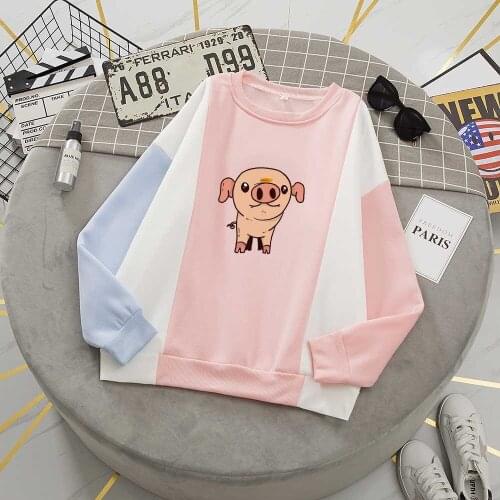 Pullover Tops Long Sleeve Color Block Tops Cartoon Sweatshirt Women Pig Hoodie Oversized Crewneck Sweatshirt Kawaii Clothes