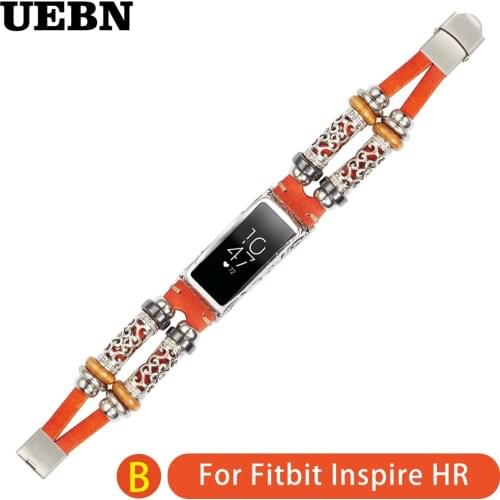 UEBN Leather Retro Double circle watchbands With metal embossed border Wriststrap DIY Bracelet For Fitbit Inspire HR smart Band