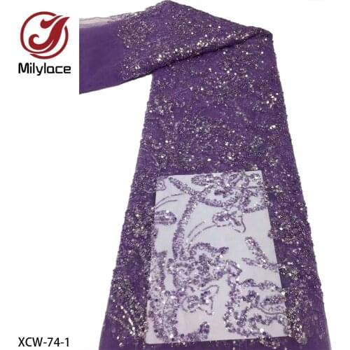 Luxury Lace Fabric High Quality African Beaded Tulle Fabric Embroidery Lace with Sequins for Wedding Dresses XCW-74