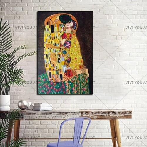 Hand Painted Gustav Klimt Oil Painting Kiss Handmade Abstract Figure Painting Wall Artwork for Living Room Home Decor Unframed