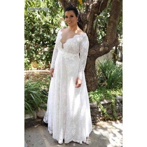 Garden A-Line Lace Wedding Dresses With Full Sleeves Empire Waist Spring Summer Sexy Long Plus Size Bridal Gowns