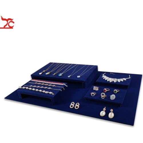 High Quality Jewelry Display Showcase Pad Blue Velvet Cabinet Platform Wooden Store Jewelry Display Tray Box Holder