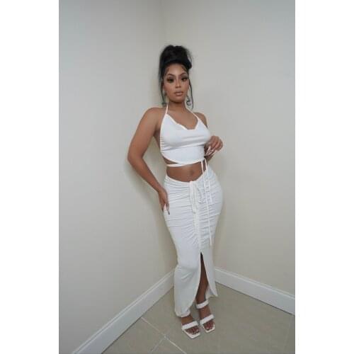 2021 High Quality New Design 2 pcs Women Set Solid Bandage Strapless Backless Short Tops Maxi Dress Summer Sexy Club Outfits