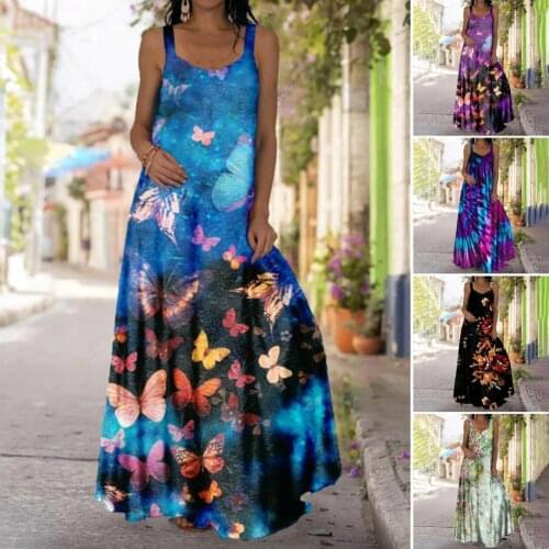 Women Bohemian Dress Sleeveless V Neck Large Hem Butterfly Floral Print Full-length Sling Long Dress Plus Size Vestido for Party