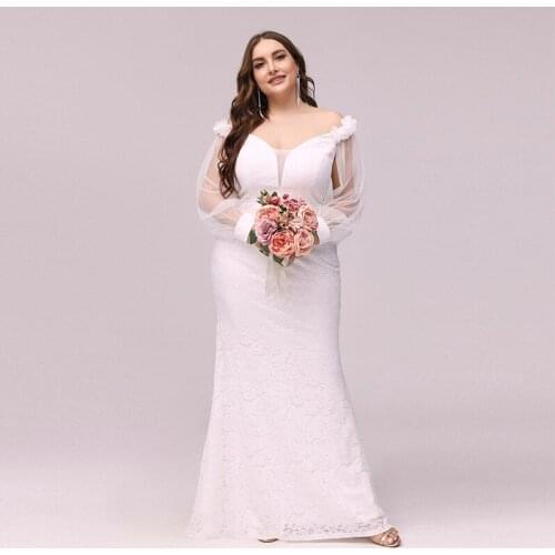 White V-Neck Evening Dress Floral Print Mermaid Empire Full Sleeves New Fashion Floor-Length Plus Size Women Formal Gowns D1029