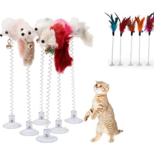 1Pcs Feather Stick Cat Toys Spring Suction Cup With Bell Spring Mouse Cat Supplies Spring Feather Pet Elastic Feathers Cat Stick