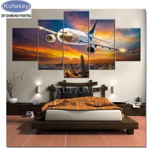2019 Diamond Embroidered 5 Panel Aviation Aircraft Canvas Painting diamond paint Full square Round Drill Rhinestone mosaic art