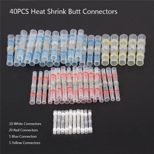 40pcs Heat Shrink Butt Terminals 26-10 AWG Waterproof Insulated Splice Cable Solder Seal Wire Connectors Kit