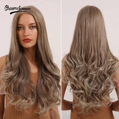 CharmSource Long Wavy Lace Front Synthetic Wigs Ombre Grey to Blonde Baby Hair For White Women High Density Heat Resistant Daily