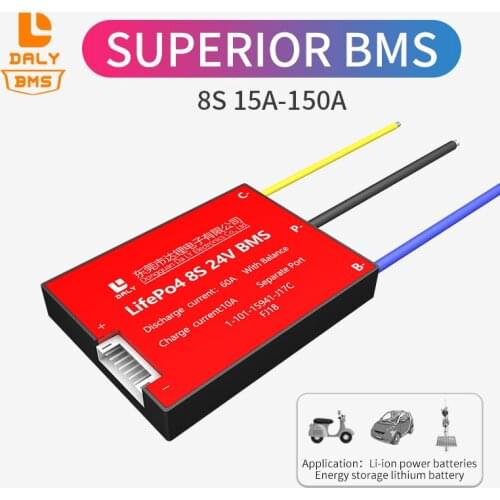 Daly BMS lithium battery pack seperate port with balance 8s bms lifepo4 24V 15A 20A 30A 40A 50A 60A 80A 100A 120A 150A for solar