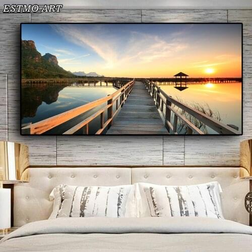 Home Decor PicturesSunsets Bridge Wooden Lake Landscape Posters and Prints Canvas Painting Wall Art Picture for Living Room