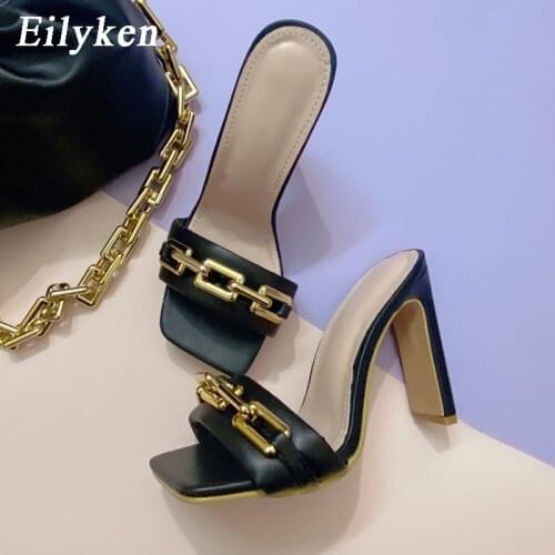Eilyken New Design Metal Chain Decoration PU Leather Ladies Slippers Summer Square Toe Mules Slides High Heels Shoes Size 35-42
