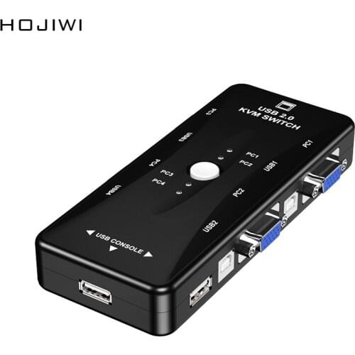 HOJIWI USB Sharing KVM Switch 4 Port VGA SVGA USB 2.0 Splitter Printer Mouse Keyboard Pendrive Share Switcher Box Adapter AD13