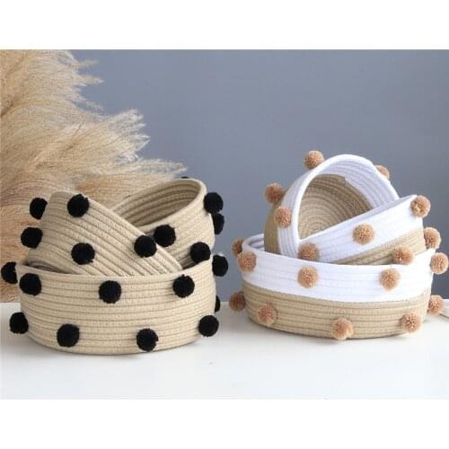 INS Nordic Cotton Rope Woven Storage Baskets Dirty Clothes Laundry Basket With Pompom Sundries Desktop Sundries Organizer Hamper