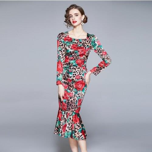 Menahem Elegant Flower Print Mermaid Party Satin Dress 2021 Autumn Retro Long Sleeve Backless Bodycon Midi Ruffles Vestidos