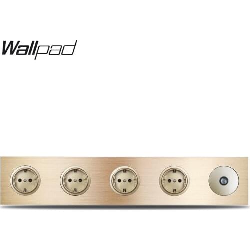 Wallpad L6 Gold Quintuple 5 Frame EU Electric Power Outlet Wall Socket & TV SocketGold Brushed Aluminum Metal Panel, 344*86mm
