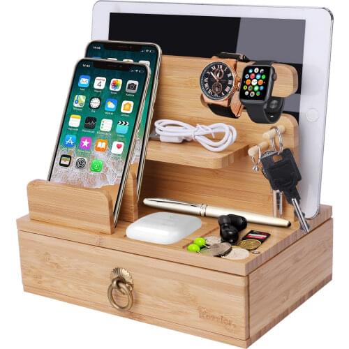 ICozzier Bamboo Multiple Device Desktop Charging Dock Station Organizer Key Holder with Drawer for i Watch,AirPods,iPad,Tablets