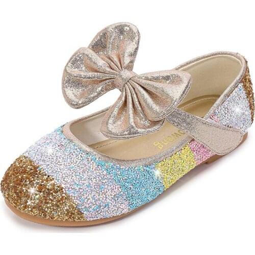 New Sweet Girls Princess Leather Shoes Bowknot Children Princess Sequins Flat Heels Dancing Kids dress Shoes