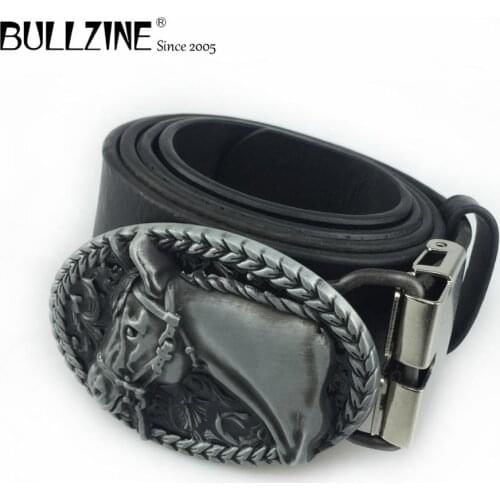 Bullzine retro zinc alloy horse head belt buckle jeans cowboy gift belt buckle pewter finish free PU belt 03190 drop shipping