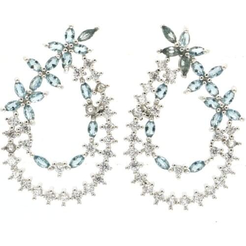 57x27mm Big European Design Created Flowers Pink Kunzite White CZ Womans Wedding Silver Earrings