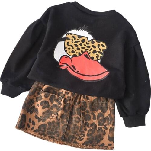 Baby Girl Top, A-Line Skirt, Long Sleeve Round Neck Shirts Patchwork Side Pocket Leopard Half-Dress 2pcs Suit