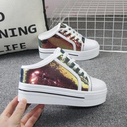 2020 Spring New Korean Style Slippers Womens Platform Sponge Cake with Sequins Casual Inner Increase Baotou Half Slippers Lace