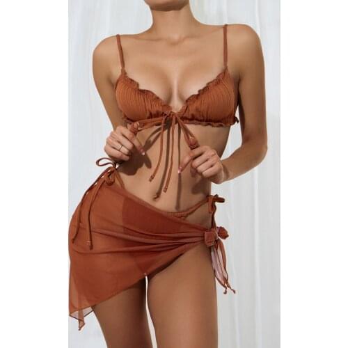 Women Split Swimsuit Set, Solid Color Bikini with Ruffles+Lace-up Panties+See-through Mesh Cover Ups 2021