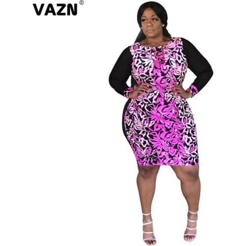 VAZN 2020 Autumn High Quality Retro Sexy Flaring Plus Size Office Daily Full Sleeve Women High Waist Thin Midi Dress