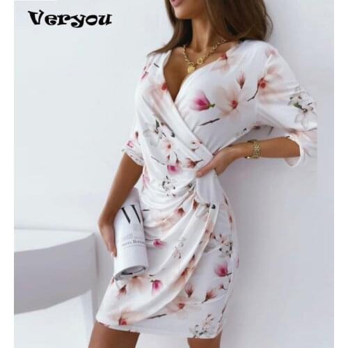 Women Floral Print Summer Dresses 2021 Sexy Deep V Neck 3/4 Sleeve Beach Dress Ruffle A Line Mini Party Dress Wrap Sundress Robe