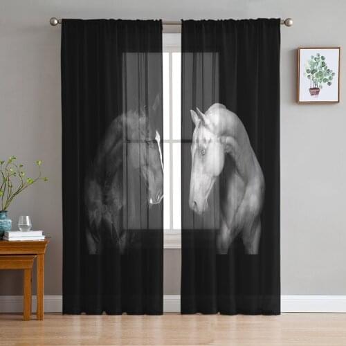 Animal Horse Black And White Print Sheer Window Panel Curtains Room for Living Room Bedroom Kitchen Room Chiffon Tulle Curtains