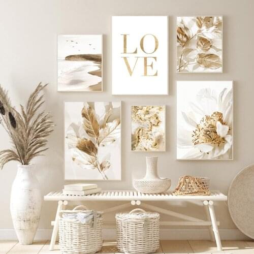 Golden Floral Botanical Poster Ocean Beach Birds Love Quote Wall Art Canvas Painting Gold Swirl Print Living Room Decoration