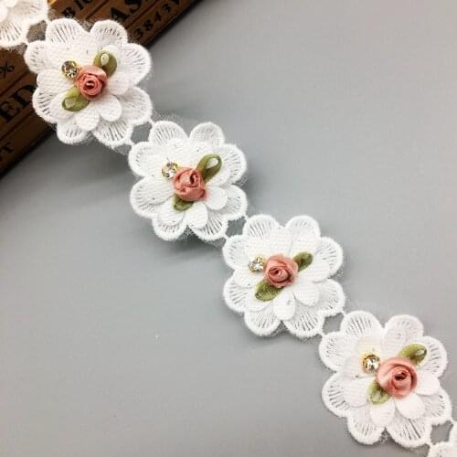 1 yard Vintage Cotton Rose Flower 3D Diamond Embroidered Lace Trim Applique Trimming Ribbon Fabric Sewing Craft Wedding Dress