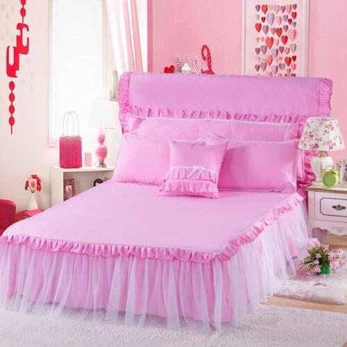2020 new fashion pure cotton Bed Bedspread Fitted Sheet Pillowcases 2/3pcs Solid Princess Lace Bedding