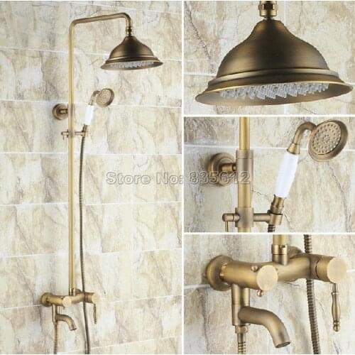 Antique Brass Wall Mounted Bathroom Single Handle Bathtub Mixer Tap & Rain Shower Faucet Set with Ceramic Handheld Shower Wrs152