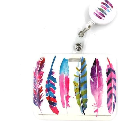 Pink Feathers Color Leaves Cute Card Cover Clip Lanyard Retractable Student Nurse Badge Reel Clip Cartoon ID Card Badge Holder