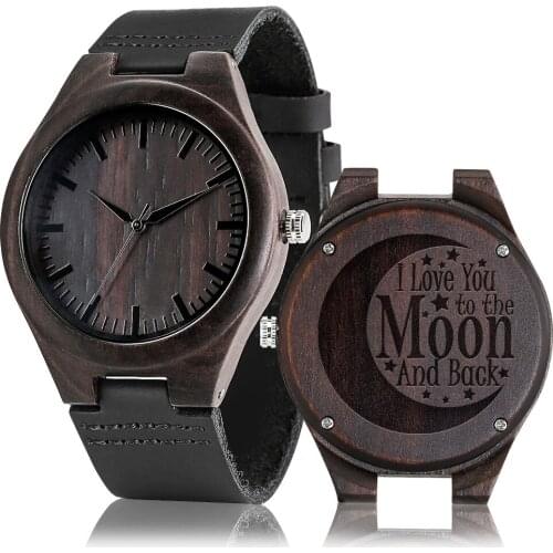 YISUYA Ebony Case Wooden Watch Quartz Leather Wristwatch I Love YouTo The Moon Pattern Personalized Text Birthday Gift for Lover