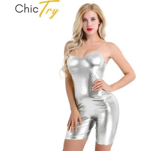 ChicTry Shiny Patent Leather Spaghetti Straps Stretchy Gymnastics Leotard Ballet Costume Jumpsuit Bodysuit Club Women Dance Wear