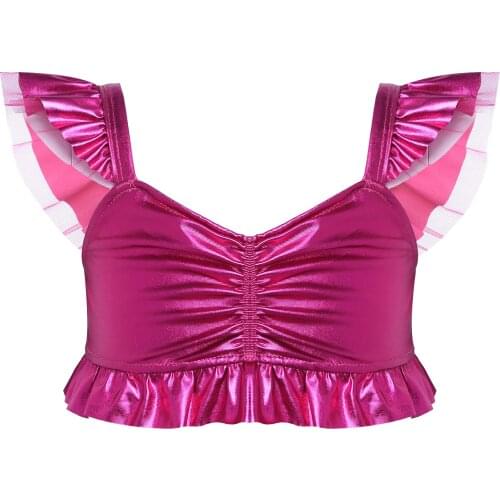 Kids Girls Dance Tops Flutter Sleeve Metallic Mermaid Crop Tank Tops for Children Halloween Cosplay Party Costume Performance
