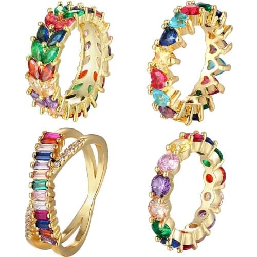 New Fashion Crystal Heart Rainbow Rhinestone Gold Color Zircon CZ Ring Copper Charm Jewelry Rings Gift For Wedding And Party