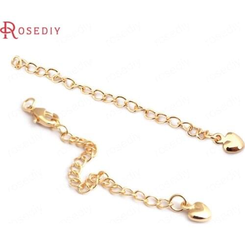 F438)10 pieces Length 82mm 24K Gold Color Brass Heart End Extend Chains + Lobster Clasps High Quality Diy Jewelry Accessories