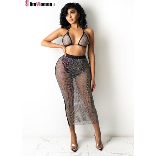 2021 Summer Cover Up Sexy Mesh Bikini Women Crop Top And Long Skirts Two Piece Set Party Club Wear Casual Clothing Dropshipping