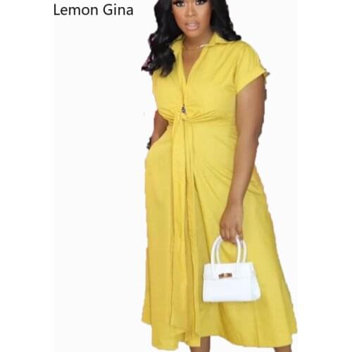 Lemon Gina Shirt Collar Short Sleeve Strap Twist Solid Woven Dress