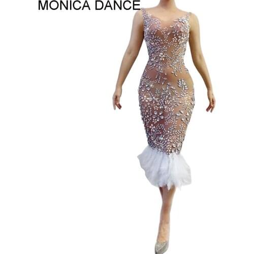 Sexy Flashing Silver Crystals Pearls Transparent Feather Dress Evening Birthday Celebrate Mesh Evening Sleeveless Stretch Dress