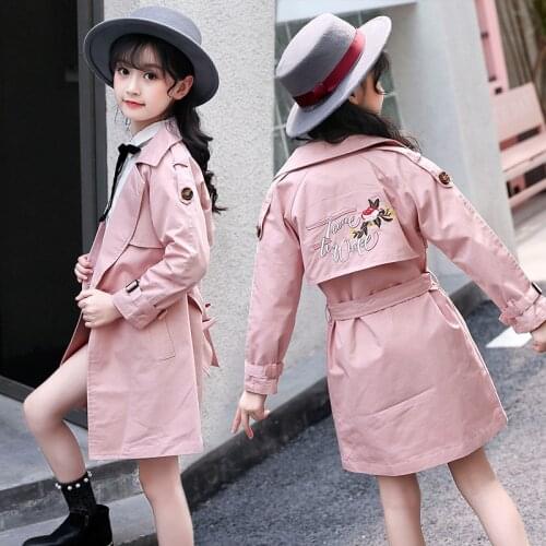 Toddler Girl Trench Coat Spring Autumn Childrens Pink Floral Long Windbreaker Coats Baby Kids Outwear Windproof Jackets Clothes