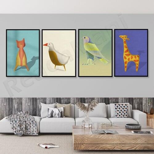 Mid Century nursery decoration, honey goose, colorful giraffe, colorful bird, minimalist cat art, baby shower, baby room bedroom