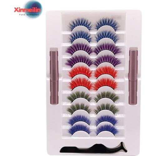 Xinmielin 10 Pairs Colored 6D faux Mink Eyelashes set Red Pink Blue Mix Colors in Bulk lashes glue tweezers No magnetism kit