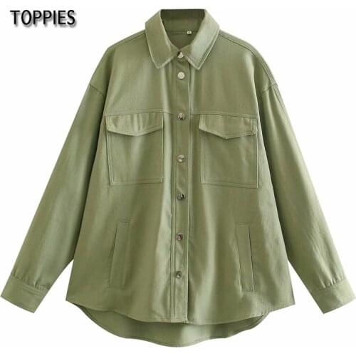 Toppies Green Cotton Shirt Jacket Button Down Loose Coat Women Long Sleeve Pockets Jacket Streetwear